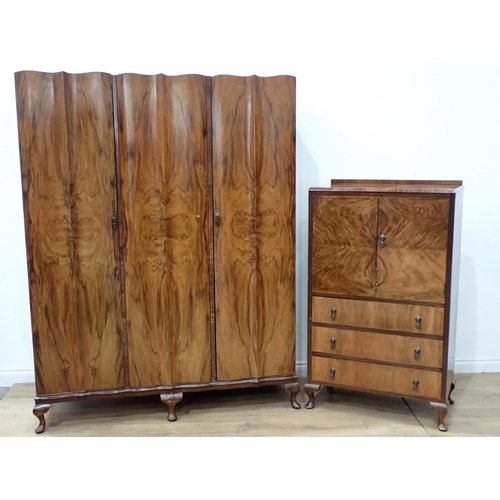 808 - A 20th Century walnut veneered three door Wardrobe 6ft 2in H x 5ft 9in W and a Gentleman's Wardrobe ... 