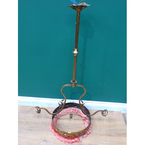 809 - A brass three branch  Electrolier with chestnut leaf and conker relief design 3ft 4in H x 2ft 3in W