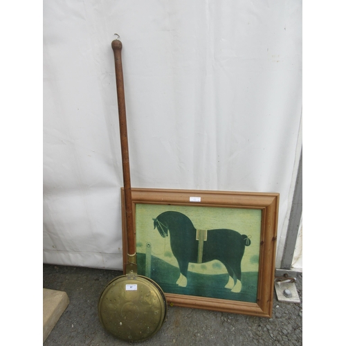 466 - An antique brass Warming Pan with turned ash handle, and a Print of a Horse