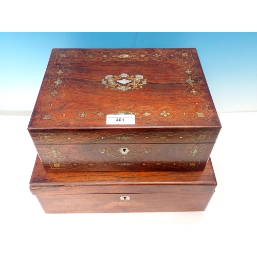 401 - A 19th Century rosewood, brass and mother of pearl inlaid Sewing Box and a rosewood Writing Box A/F