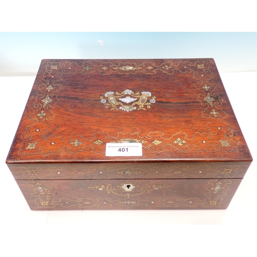 401 - A 19th Century rosewood, brass and mother of pearl inlaid Sewing Box and a rosewood Writing Box A/F