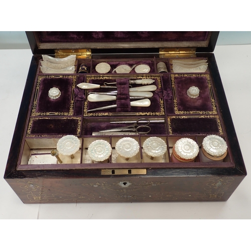 401 - A 19th Century rosewood, brass and mother of pearl inlaid Sewing Box and a rosewood Writing Box A/F