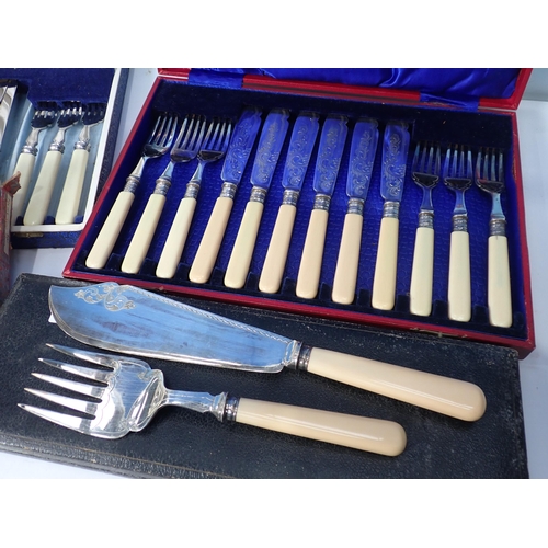 437 - Three cases and a box of plated Cutlery including Fish Servers