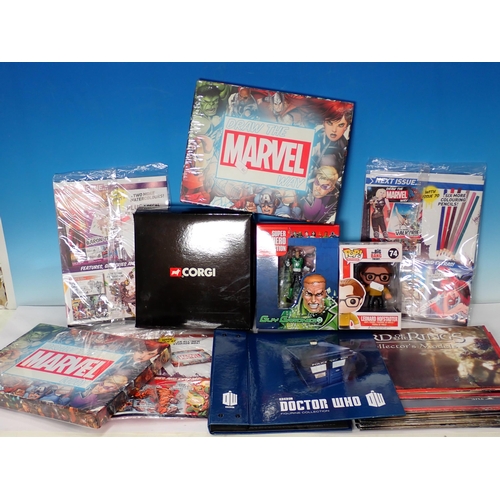 662 - Four Boxes and two Bags containing DC Figures, Corgi Figures, Dr Who Folders, Marvel Drawing set, Ma... 