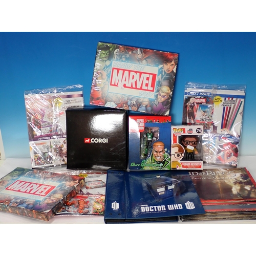 662 - Four Boxes and two Bags containing DC Figures, Corgi Figures, Dr Who Folders, Marvel Drawing set, Ma... 