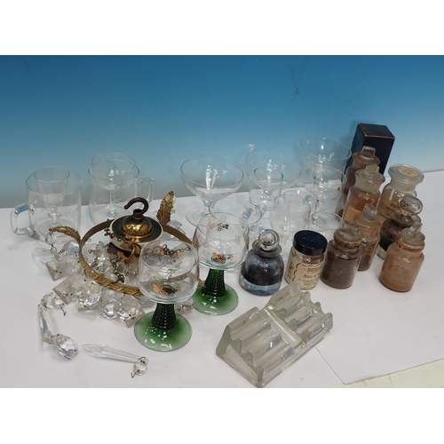 667 - A quantity of Chemist's Bottles, cut glass ceiling Electrolier and various Glasses