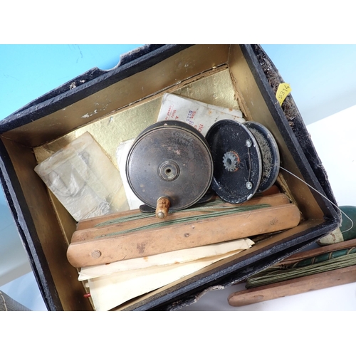 696 - A J.E Miller of Leeds Fishing reel, Fly tin, other Reels etc