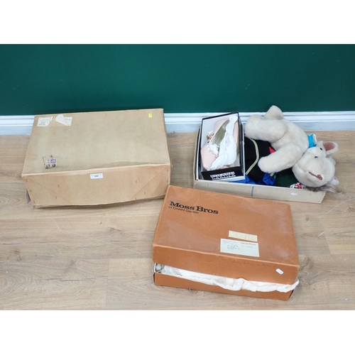 698 - Three boxes of period costume Dresses, a pair of Roland Cartier
size 39 1/2, etc