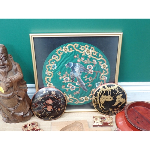 701 - A carved wood Figure of a Buddha, 14in H, lacquered Panels and a dish and a framed Panel