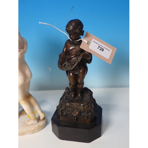 739 - A bronze Figure of a young girl, 8in H on a plinth and a figure of the three graces, 10in H A/F