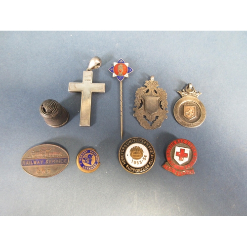 100 - A Victorian silver Pendant Cross, Thimble, A/F, GWR Railway Service Badge, silver Medallions, enamel... 