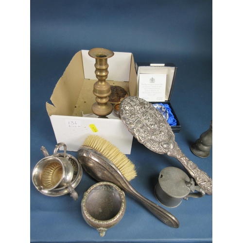 136 - A silver mounted Mirror, embossed masks, etc, A/F, another, a brass Candlestick, pewter Condiments, ... 