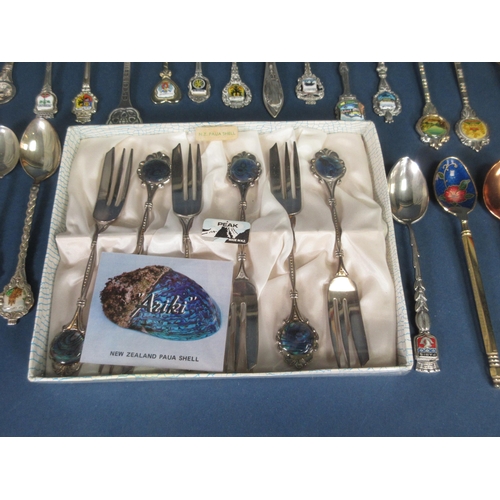 147 - Six New Zealand Cake Forks with paua shell finials, numerous Souvenirs and other Spoons, pair of EP ... 