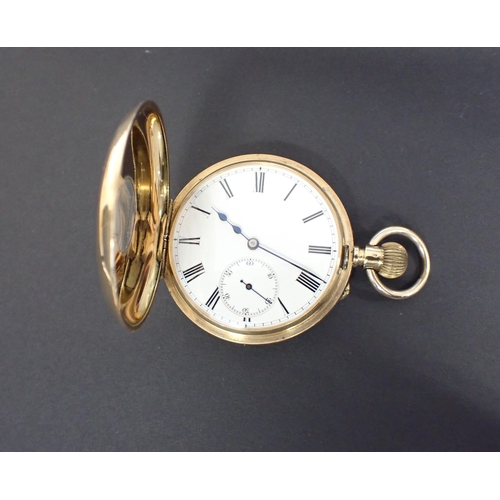 164 - A Continental 18ct gold cased keyless wind half hunter Pocket Watch the white enamel dial with roman... 