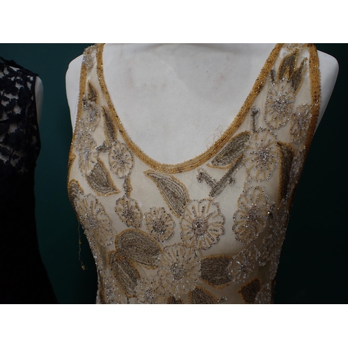 200 - A 1920's gold coloured beaded Dress A/F and a 1930's black lace Dress