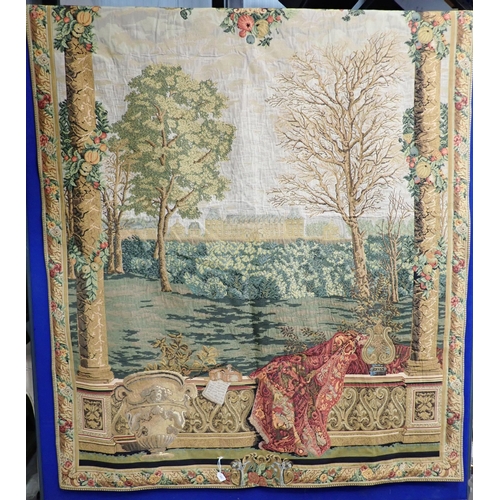 202 - A reproduction machined Tapestry of Continental scene, buildings in a landscape within borders of fr... 