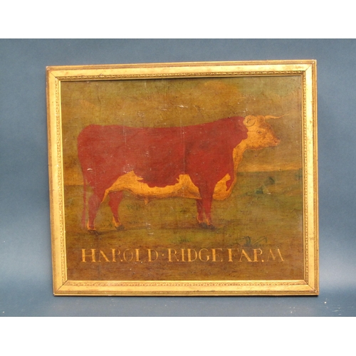 223 - ENGLISH SCHOOL, 20th Century. A Hereford Bull in a meadow, mixed media, over print base,  on paper l... 