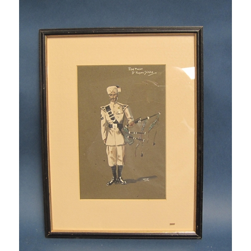 227 - W.G.M. 'Pipe Major 3rd Royal Sikhs' initialled and titled, watercolour and bodycolour, 9½ x 6¼in; an... 