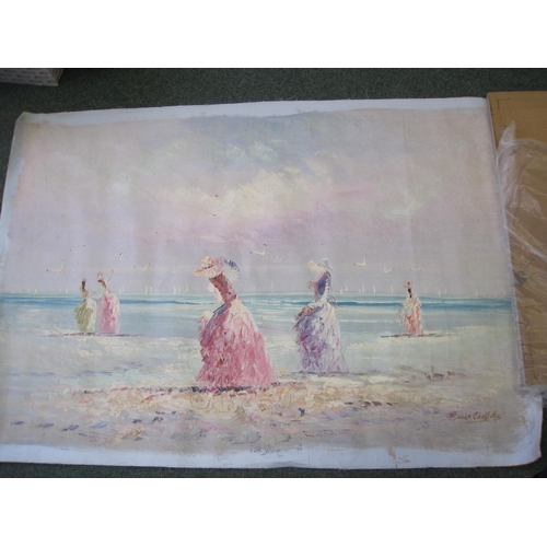 240 - MARIE CHARLOT. Elegant Figures on a Shore, signed, oil on canvas, unframed, unstretched, 26 x 38in; ... 