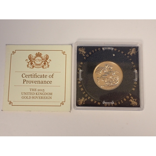 293 - QEII, 2015 Gold Sovereign in coin portfolio management plastic case, with COA