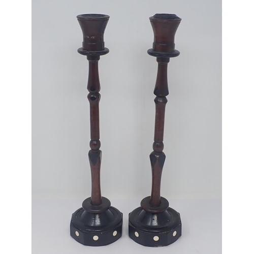 314 - A pair of Arts and Crafts mahogany turned Candlesticks on octagonal laburnum and bone inlaid bases 1... 