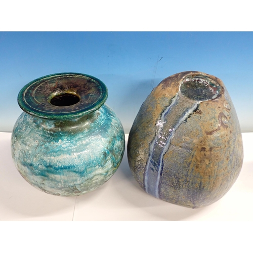 352 - A large pottery Vase with green glaze 11 1/2in H and a pottery Ornament with blue glazes, 12in H