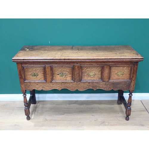 366 - A small oak Dresser Base in the 17th Century style with moulded top, fitted two frieze drawers on tu... 