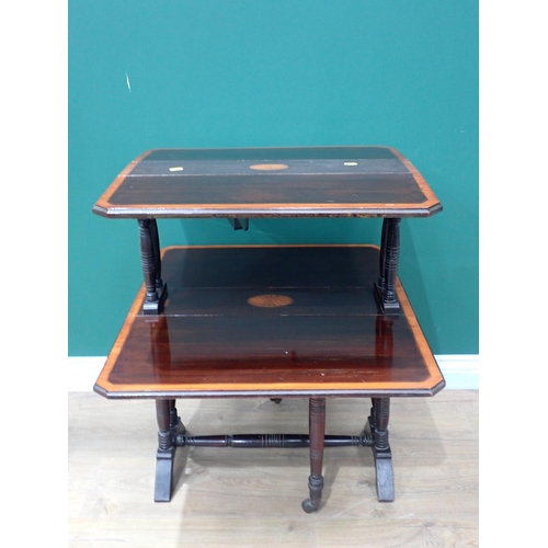 369 - An Edwardian mahogany and satinwood crossbanded two tier Sutherland Table 2ft 5in H x 1ft 11in W