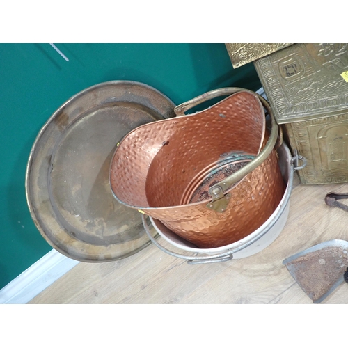 376 - A brass covered Coal Box, Coal Scuttle, Letter Rack, Charger and other metalware