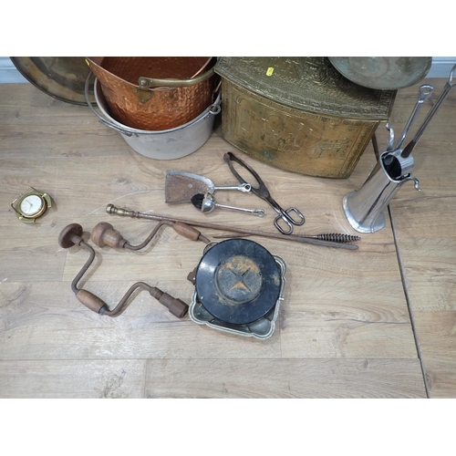 376 - A brass covered Coal Box, Coal Scuttle, Letter Rack, Charger and other metalware