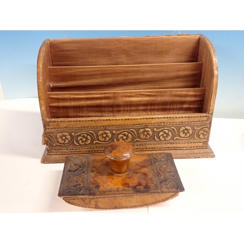 377 - A leather covered Desk Stand, Blotter and Letter rack, all with tooled flower design