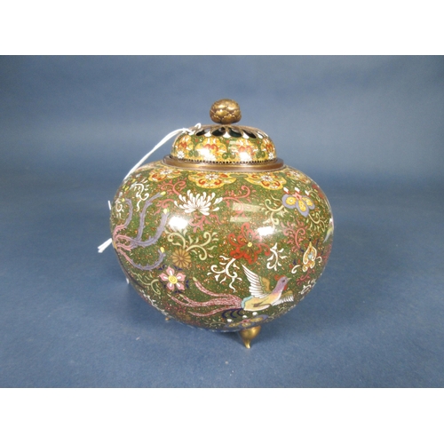 388 - A Japanese cloisonne Pot Pourri and Cover, finely decorated exotic birds in flight beneath floral fr... 