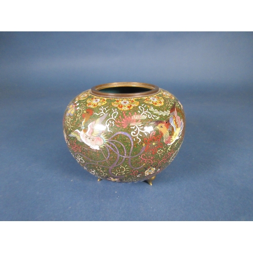 388 - A Japanese cloisonne Pot Pourri and Cover, finely decorated exotic birds in flight beneath floral fr... 