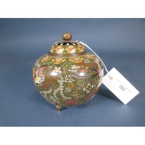 388 - A Japanese cloisonne Pot Pourri and Cover, finely decorated exotic birds in flight beneath floral fr... 