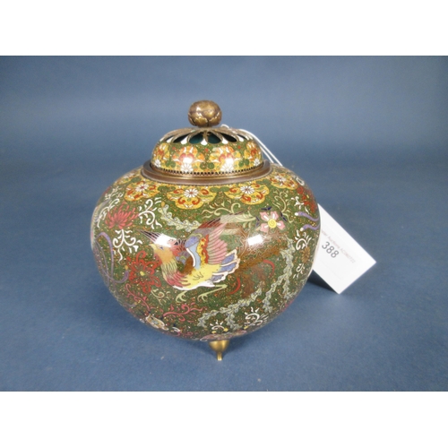 388 - A Japanese cloisonne Pot Pourri and Cover, finely decorated exotic birds in flight beneath floral fr... 