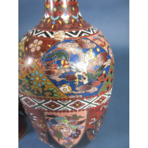 389 - A pair of Japanese cloisonne square section Vases, decorated panels of birds, etc, 9½in, one badly d... 