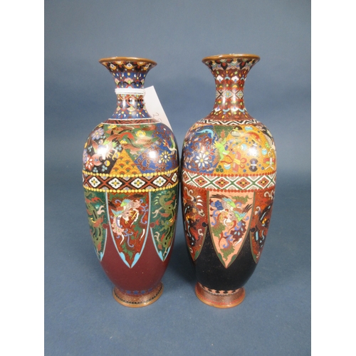 389 - A pair of Japanese cloisonne square section Vases, decorated panels of birds, etc, 9½in, one badly d... 