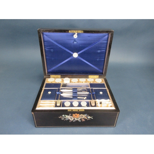 392 - A Victorian ebonised Sewing Box with mother-of-pearl inlay, containing spools, waxers, thimbles, etc... 