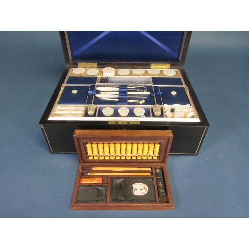 392 - A Victorian ebonised Sewing Box with mother-of-pearl inlay, containing spools, waxers, thimbles, etc... 