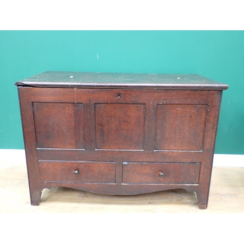 447 - A 19th Century oak three panel Mule Chest fitted two drawers 3ft 9in W x 2ft 7in H