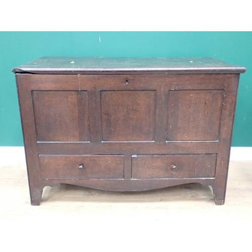 447 - A 19th Century oak three panel Mule Chest fitted two drawers 3ft 9in W x 2ft 7in H