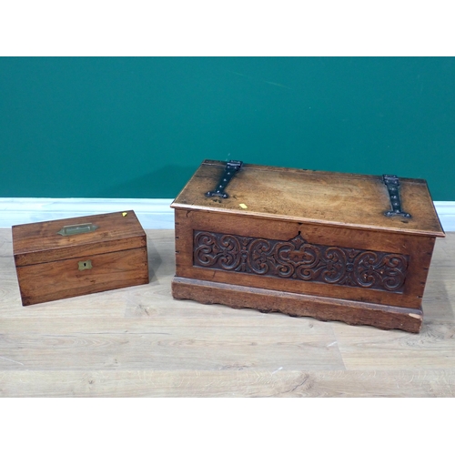 454 - An oak Book Box in the 17th Century style with strap hinges and carved front panel 2ft 1in W x 11in ... 