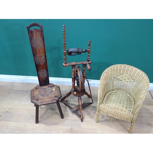 458 - A child's cane Armchair, a Spinning Stool and a Spinning wheel