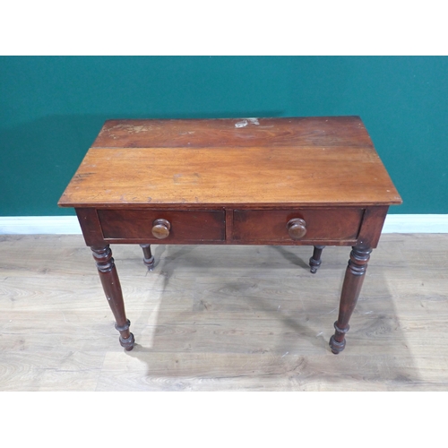 481 - A mahogany Side Table fitted two frieze drawers on turned supports, 2ft 10in W