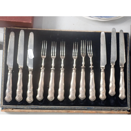 500 - A set of six silver handled Tea Knives and Forks, case A/F, Books, Binoculars, Plates etc.