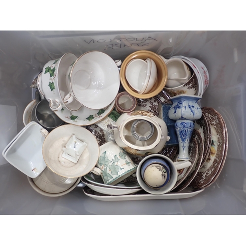 501 - Three boxes of China including a set of Spode plates retailed by Waring and Gillows, plated ware etc