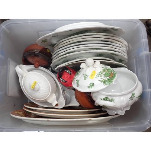 501 - Three boxes of China including a set of Spode plates retailed by Waring and Gillows, plated ware etc