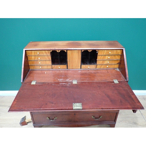 51 - A 19th Century mahogany Bureau with fall front enclosing satinwood cupboards and pigeon holes above ... 