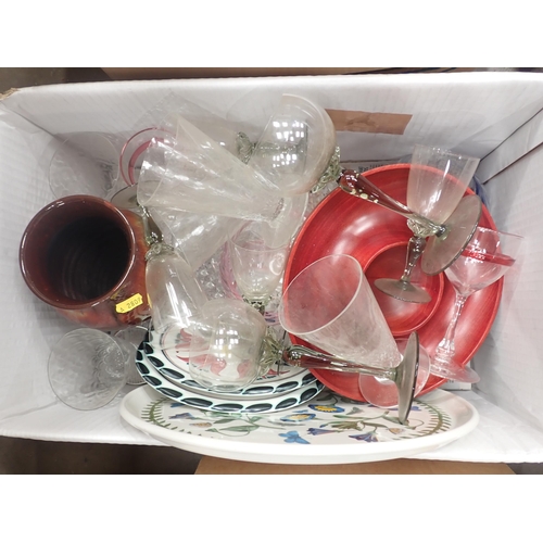 521 - Three boxes of china and glass including, a Woods and Sons Alpine white part Coffee set, Hock and ot... 