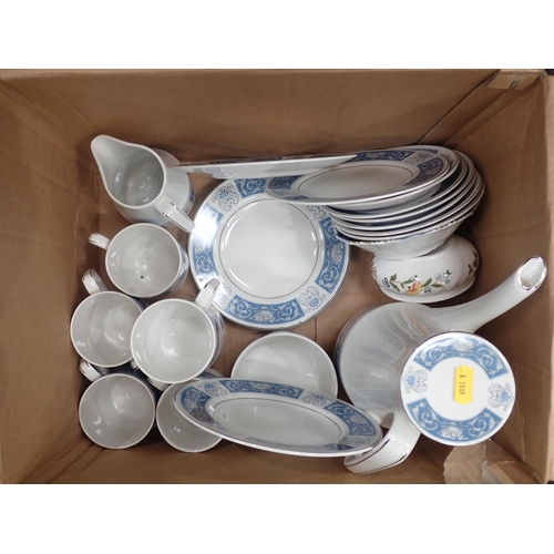 521 - Three boxes of china and glass including, a Woods and Sons Alpine white part Coffee set, Hock and ot... 